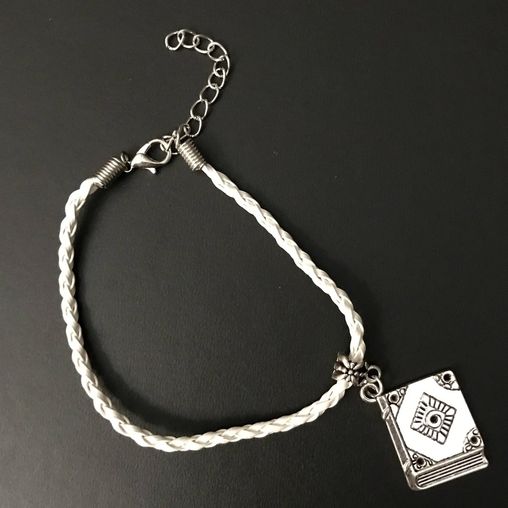 White Braided Leather Book Charm Bracelet